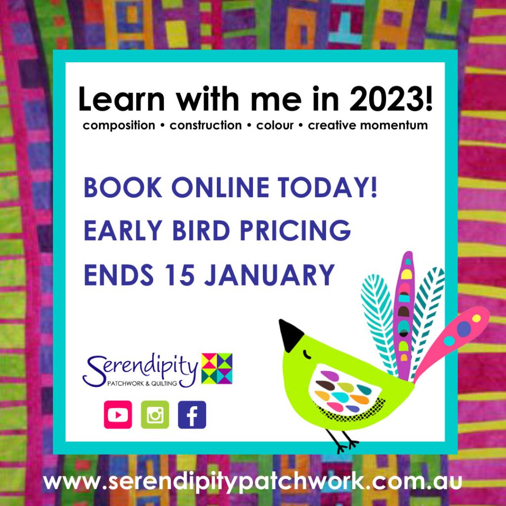 Learn with me in 2023! Colourful bird framed by bright geometric quilt