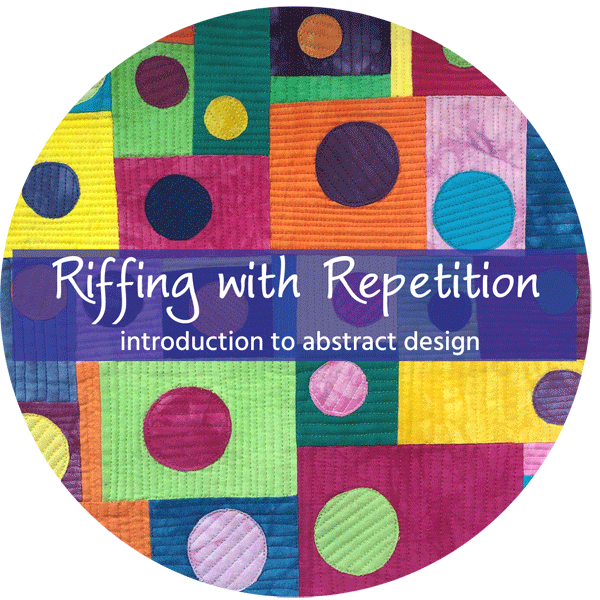 Circles on sqaures and rectangels with a purple banner across the middle with the words "RIffing with Repetition"