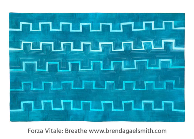 Forza Vitale Breathe - an aqua-hued textile painting with a linear jagged wave motif.